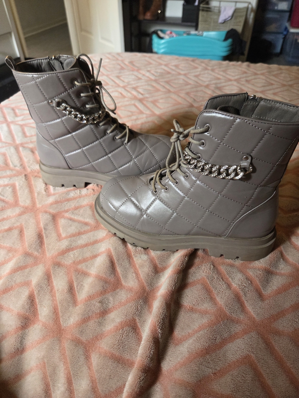 Cape Robbin Quilted Lace-Up Ankle Boots with Chain Accent - Taupe